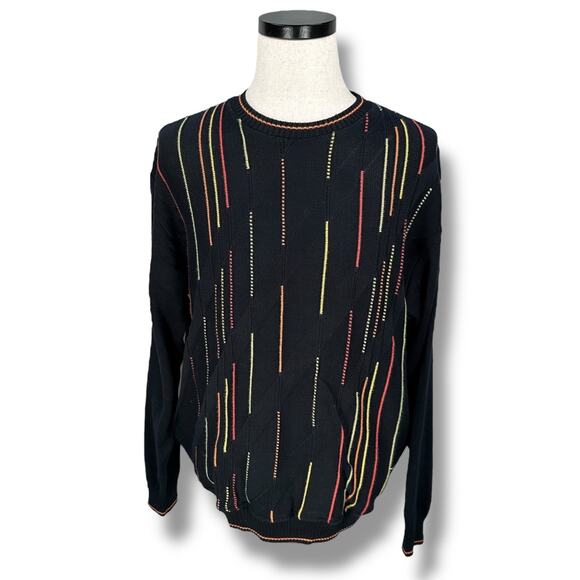 Vintage Norm Thompson Sweater Men’s XL Black Striped Knit Geometric Biggie Cosby - Picture 1 of 9
